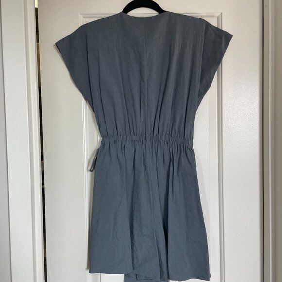 Theory Short-Sleeve Linen-Blend Wrap-Front Romper Steel Size 2 - Picture 5 of 8